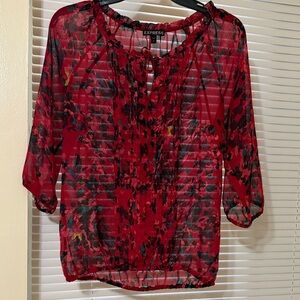 Express Red and Black Sheer Floral Blouse